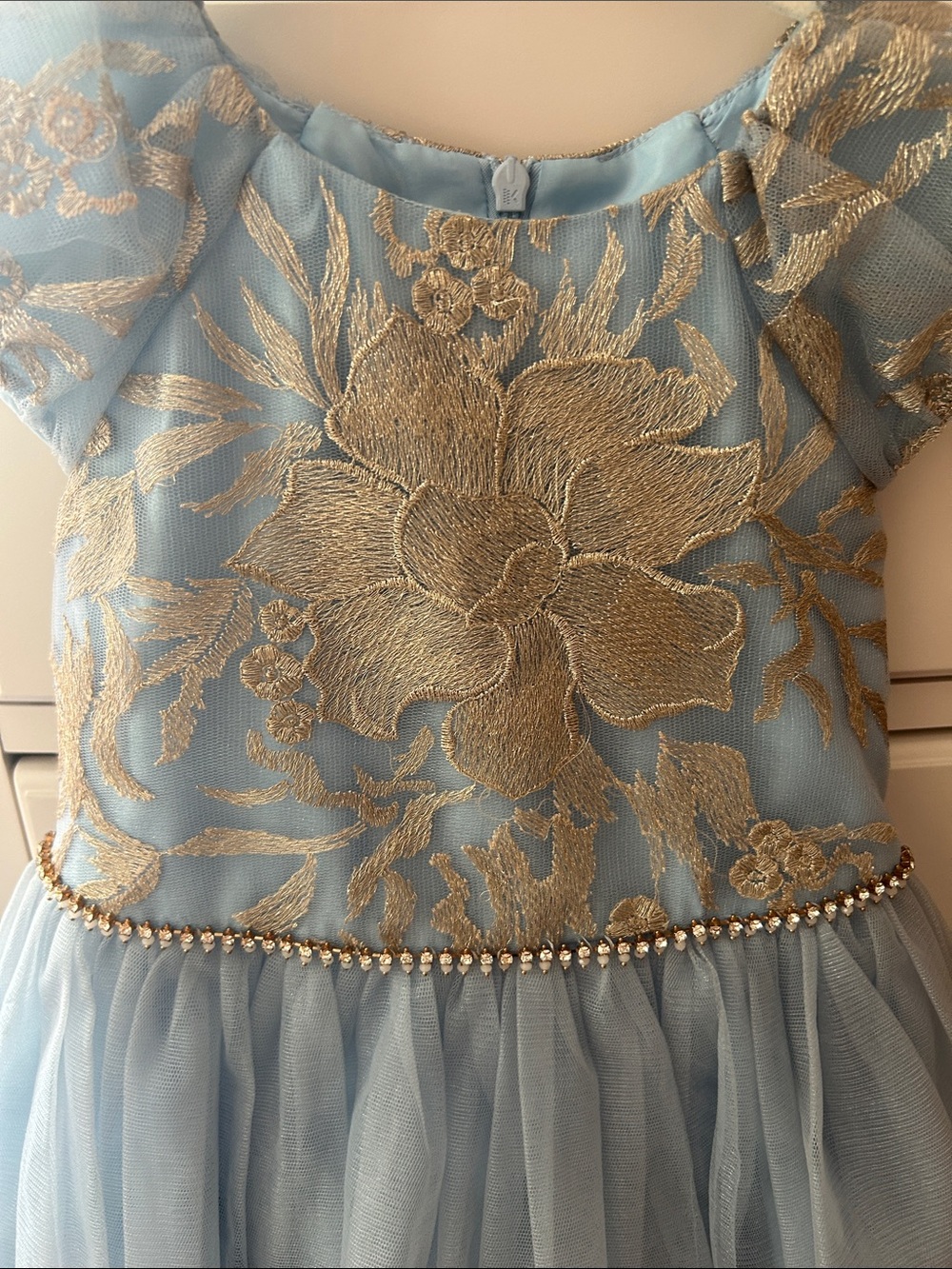 Elegant Light Blue & Gold Floral Tulle Dress for Girls - Picture 2 of 3